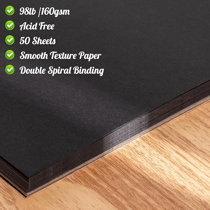 30 Sheets Black Paper Sketchbook, 98lb/160gsm Heavyweight Black Sketch Pad 9×12in, Acid-Free Drawing Paper, Spiral Bound Sketch Book for Kids, Teens, Artist