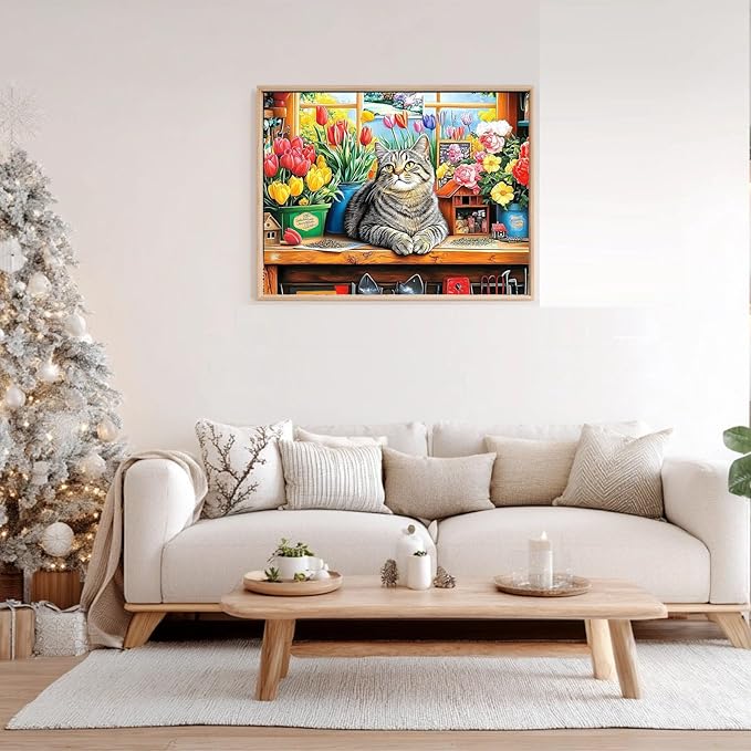 Gemozaic Cat Diamond Painting Kits for Adults, Flowers Cat Diamond Art Kits for Adults, Gem Painting Kit for Adult for Gift Home Wall Decor, 12x16 Inch