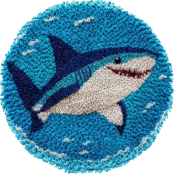 Latch Hook Rug Kit Cute Sea Shark Easy for Beginners Round Shape Carpet Crochet Yarn Craft Mini Rug DIY Hook and Latch Little Tapestry for Home Decor 30x30cm-1