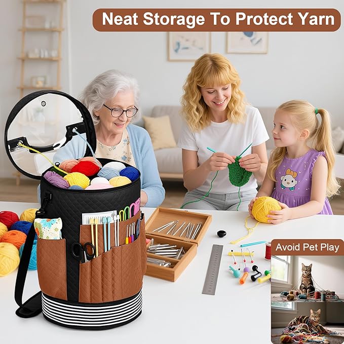 IBFUN Crochet Yarn Knitting Bag 3PCS - Expandable Yarn Storage Organizer Crocheting Bag with Accessories Cases Adjustable Strap for Hooks, Needles, Accessories, Crochet Lovers, Supplies, Beginners