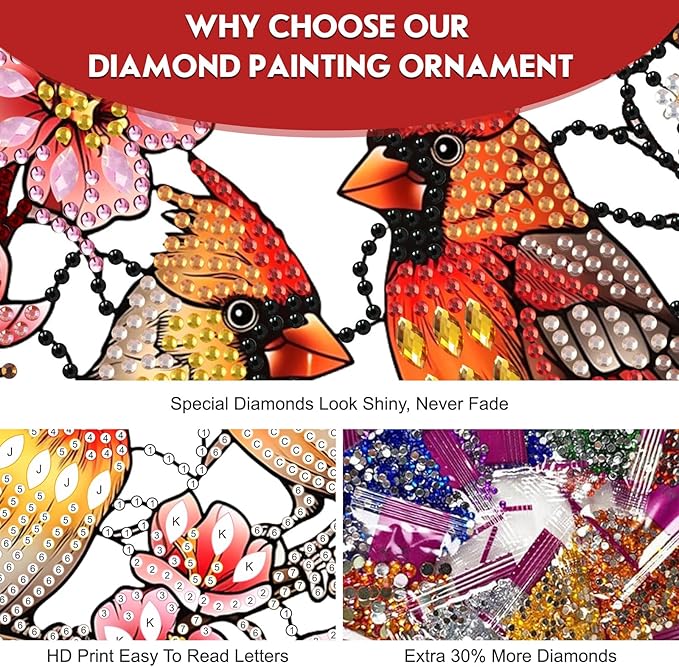 NEWENMO Hanging Diamond Art Kit for Adult, Cardinal, 5D Special Shaped Rhinestone Diamond Painting Ornament, Flower Bird, DIY Acrylic Diamond Art Painting Window Pendants Home Garden Wall Decor