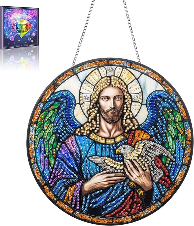 Wergund 5D DIY Jesus Diamond Art Hanging Kits, Hanging Diamond Art Religion, Acrylic Special Shaped Rhinestone, Window Hanging Pendants for Home Wall Garden Front Door Outdoor Decor Gift(Jesus)