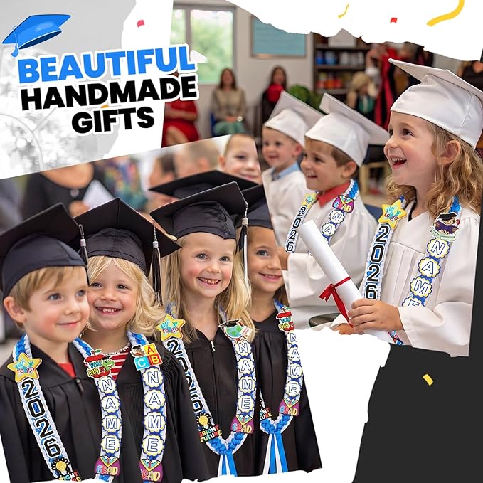 Juexica Kindergarten Graduation Ribbon Leis Class of 2026 Braided Necklace Making Kit with Alphabetic Decorative Cards Preschool Kids Grad Graduation Party Gifts(Blue, White)