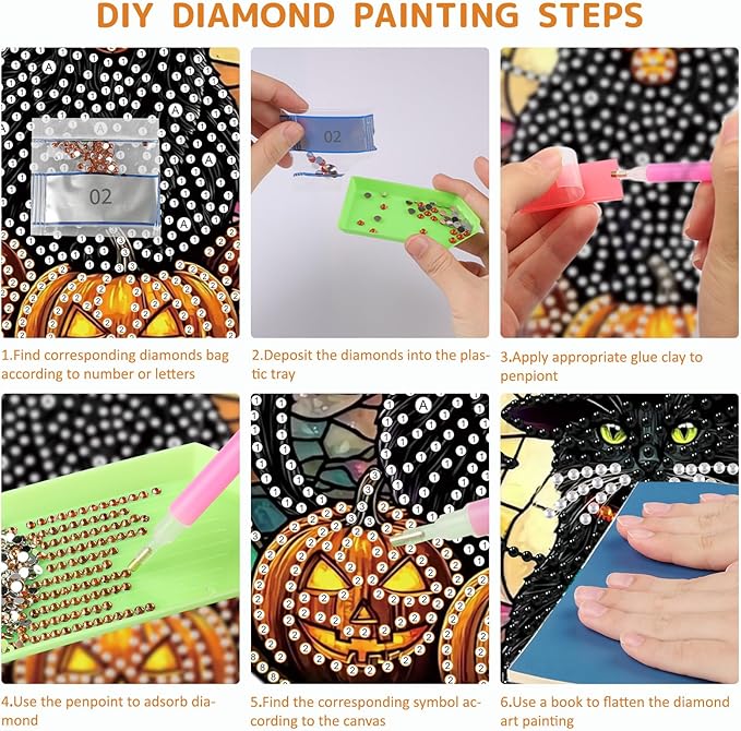 SENQAO Halloween Diamond Art Hanging Kits for Adults Beginners, DIY Acrylic 5D Special Shaped Crystal Diamond Gem Art Painting Hanging Ornament for Home Wall Decor and Gift（Black Cat Pumpkin Bat）
