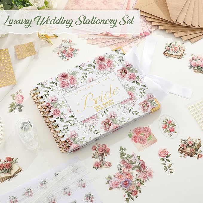 Wedding Guest Book Letters to The Bride Scrapbook Wedding Memory Book Bridal DIY Blank Paper Scrapbook Photo Album Guest Sign with Pearl Stickers(8.5 x 7 Inch,Rose Style,Pink)