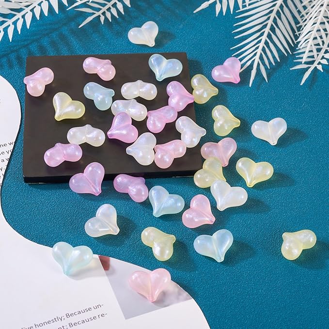 FASHEWELRY 50Pcs Rainbow Acrylic Heart Beads Glitter Heart Pastel Bead Candy Color Conversation Pony Beading Bulk for Valentine Day Jewelry Making Bracelet Keychains
