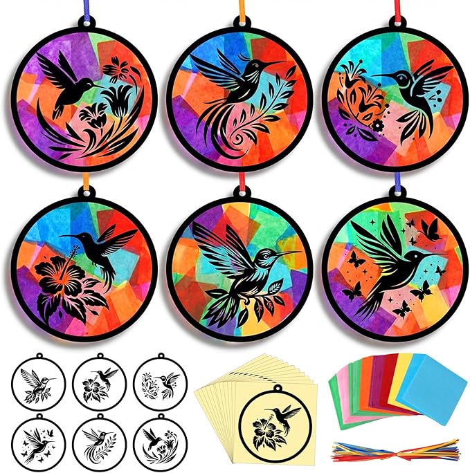 30 Pcs Spring Summer Hummingbird Suncatcher Craft Kits, Colorful DIY Stained Glass Effect Tissue Paper Art Set Bulk for Creative Group Activities Party Seasonal Decor