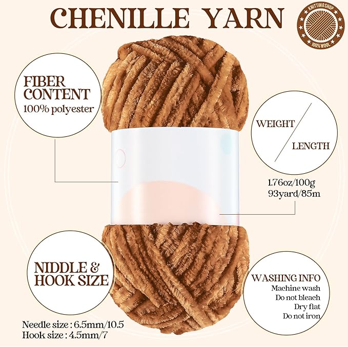 Woanger 20 Skeins Soft Chenille Yarn Velvet Blanket Yarn for Crocheting Hand Knitting Weaving DIY Craft, 10 Colors, 93 Yards Each (Earth Tone)