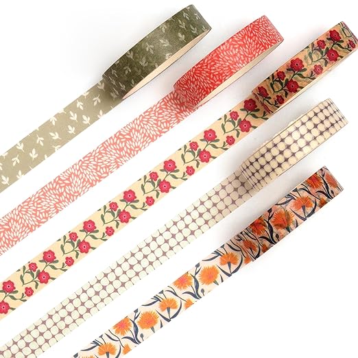 Fantasy Washi Tape Set - 5 Rolls Texture Arts Adhesive Tapes Basic Patterns Decorative Masking Tape Sets for Craft, Kids, Scrapbook, DIY, Gift Wrapping (6-Summer Fields)
