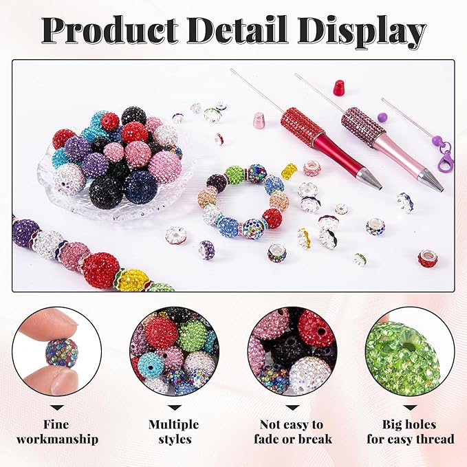 182 Pcs Beads for Pens, Beadable Pen Beads, 12/16/20mm Rhinestone Bead with Spacer Bead for Bracelet Necklace Earring Jewelry Pen Making
