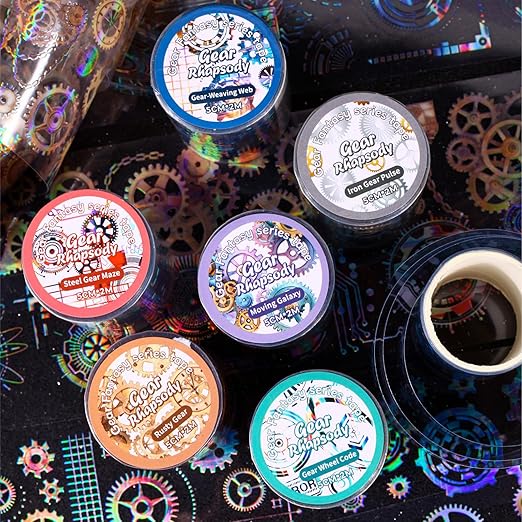 6 Rolls PET Tape Stickers for Journaling Supplies, Colorful Gears Circuit Themed Journal Tape Stickers for Journaling, Scrapbooking, Junk Journal Supplies, DIY Crafts (Fantasy)