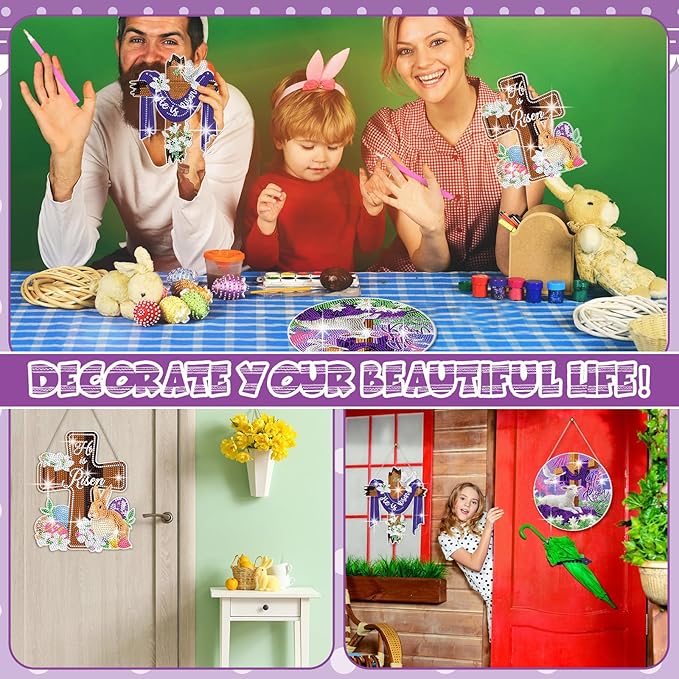 Menkxi 3 Pcs Easter Diamond Art Kits for Adults He is Risen Cross Diamond Painting Kits 5d DIY Religious Christian Jesus Hanging Signs for Crafts Art Door Wall Home Indoor Outdoor Hanger Door Decor