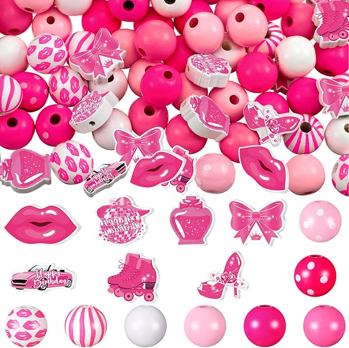 Waydress 200 Pcs Pink Wooden Beads for Crafts 16mm Large Printed Wood Beads Bulk with Bows Disco Ball Charms for Hair Keychain Making Bachelorette Party Birthday Decor Pen DIY Garland