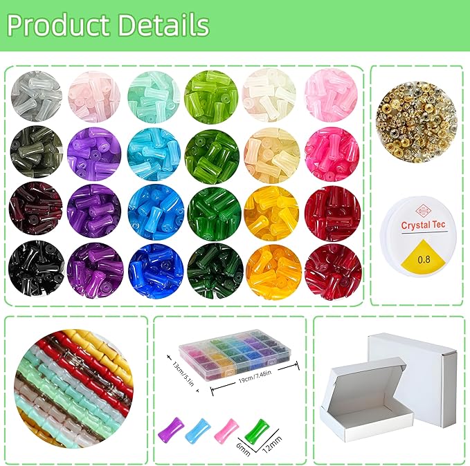 REVKI 6 * 12mm Glass Beads Bracelet Making Kit,600pcs 24 Colors Rice Shaped Natural Bamboo Crystal Beads for Jewelry Making,Teardrop Glass Beads for DIY Necklace Crafts