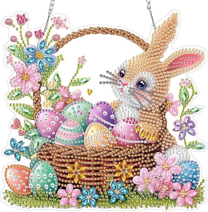 MOGTAA Easter Bunny Diamond Art Hanging Kits for Adults Beginners, Easter Egg Diamond Art Suncatchers, 5D Special Shape Flowers Diamond Painting Window Pendant Kit for Home Garden Wall Decor
