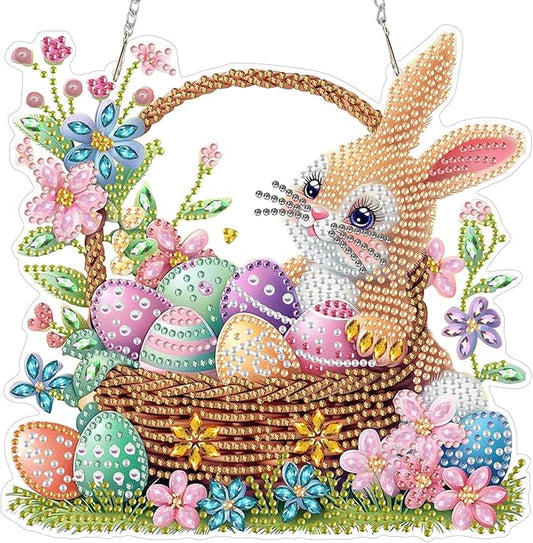 MOGTAA Easter Bunny Diamond Art Hanging Kits for Adults Beginners, Easter Egg Diamond Art Suncatchers, 5D Special Shape Flowers Diamond Painting Window Pendant Kit for Home Garden Wall Decor