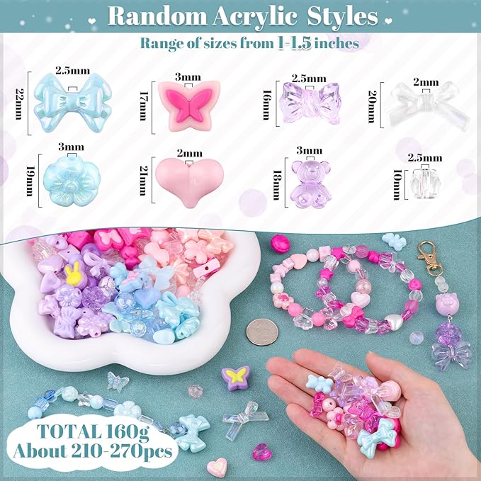 210-270PCS TINKRSTUFF Assorted Acrylic Beads,4 Mixed Colors Cute Beads for Bracelet Making, Bow Flower GummyBear Kawaii Charms, Aesthetic Bead for Necklace Keychain Jewelry Making DIY Phone Charm