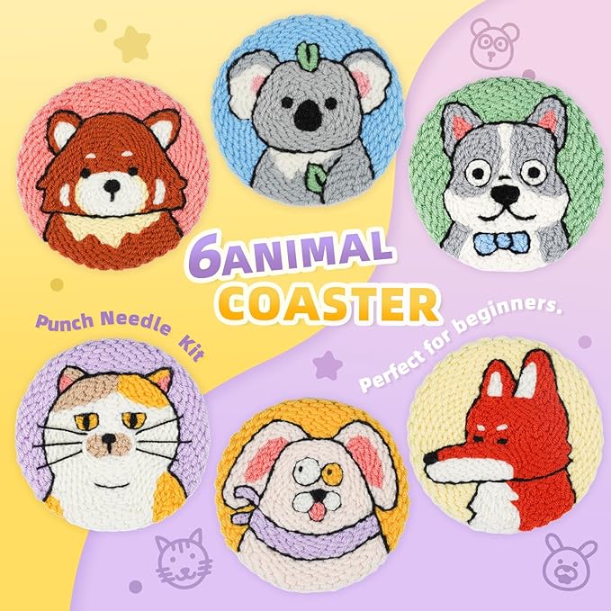 punch needle kit-6,embroidery kit for beginners,punch needle kits adults beginner,needles, curved scissors, a tool storage box, yarn, easy-to-follow instructions, and tutorial videos(6 animal coaster)