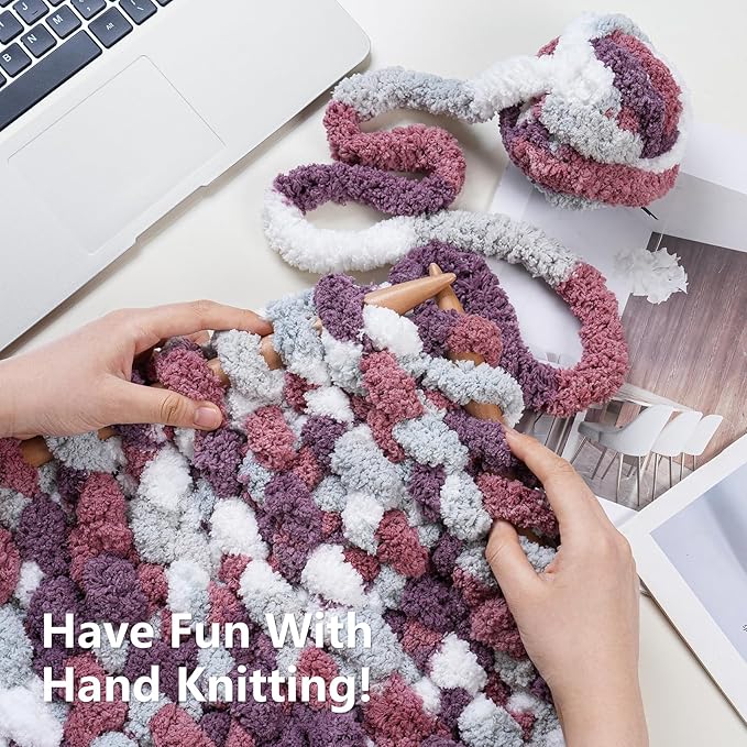 Chunky Yarn for Hand Knitting - #10 Chunky Chenille Blanket Yarn, Jumbo Big Thick Chunky Yarns for Crocheting, Tie Dye Bulky Knit Yarns, 8 Skein (25 yds 8 oz Each Skein), Purple&Mauve&Grey