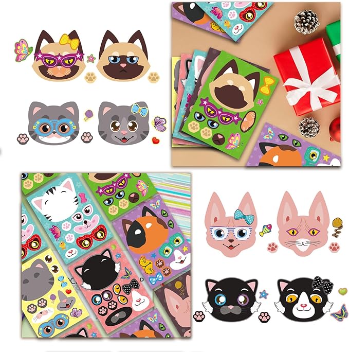 48 sheets cat stickers,make a face stickers for kids, make your own cat sticker, animal sticker for kids 3-5, brithday gift party favors, teacher reward classroom games craft