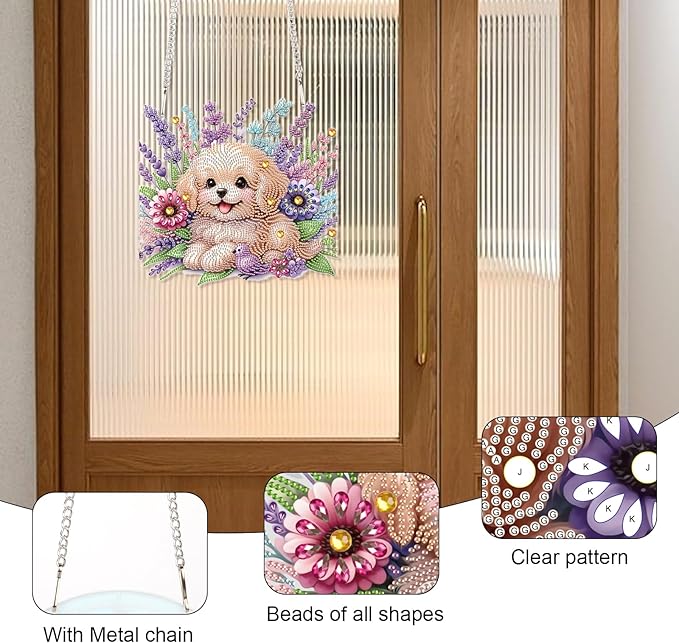 AiYuanzsh 5D Diamond Painting Hanging Pendant Kit with Chain, Cute Dog DIY Crystal Rhinestone Diamond Art Suncatcher Ornament for Window, Door, Wall, Home Decor Gift (25.2x23.8 cm)
