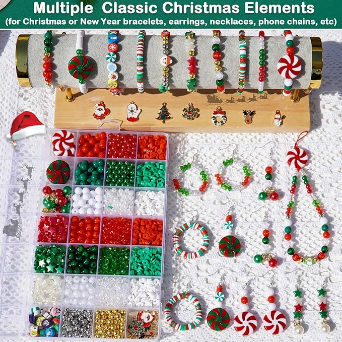 2370Pcs Christmas Beads for Bracelets Jewelry Making Kit, Christmas Tree Snowflake Charms Red Green Xmas Clay Bead Assorted Acrylic Crystal Round Pearl Star Spacer Bead for Necklace Earrings DIY Craft