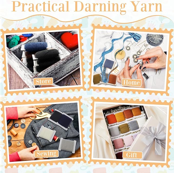 Jexine 20 Pcs Darning Thread 50% Wool 50% Acrylic Yarn 1200m Darning Kit with 24 Pcs Large Eye Sewing Needles for Clothes Socks Plush Toy Adults DIY Home Sewing Care, 60 Meters Per Yarn(Multicolor)