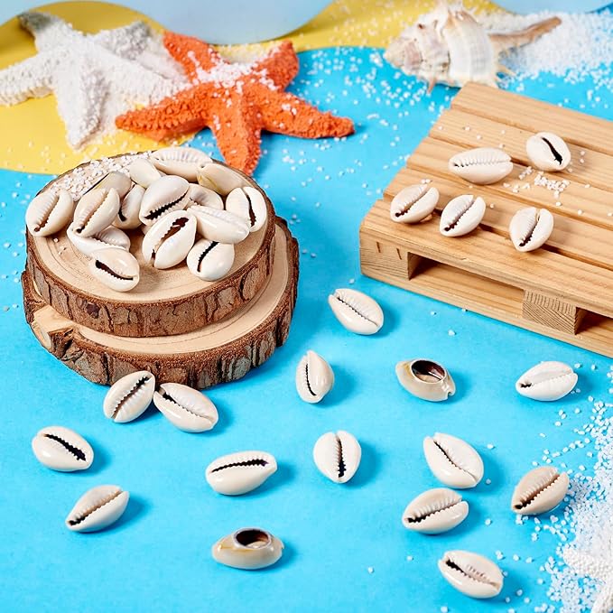 Cheriswelry 50pcs Natural Cowrie Shell Beads No Hole Smooth Cut Cowrie Spacer Beads Pale Goldenrod Sea Shell Beach Loose for Beach Ocean Summer Bracelet Anklet Jewelry Making 1012mm