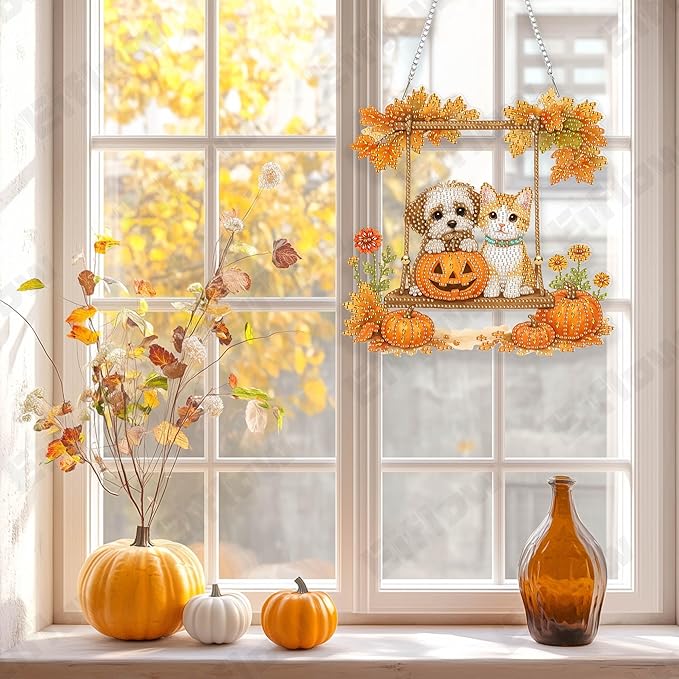 Eiflow Acrylic Diamond Art Hanging Kit for Adults Thanksgiving Fall, DIY Diamonds Painting Door Hanger Board Kit, Special Crystal Diamond Art Painting Pendant Ornament