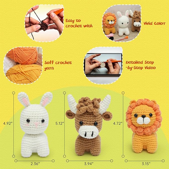 GONELYON Crochet Kit for Beginners, 3Pcs Amigurumi Crochet Animal Kits, Crocheting Kit for Starters Adult with Step-by-Step Video Tutorials, Animal Kits with Highland Cow, Lion, Bunny