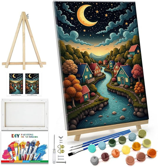 JOOZ Landscape Paint by Numbers Kit for Adults with Frame Moon Paint by Number with Easel Lake Adult Paint by Number Kits Framed Canvas Oil Painting Kits for Home Wall Decor 8x12 Inch