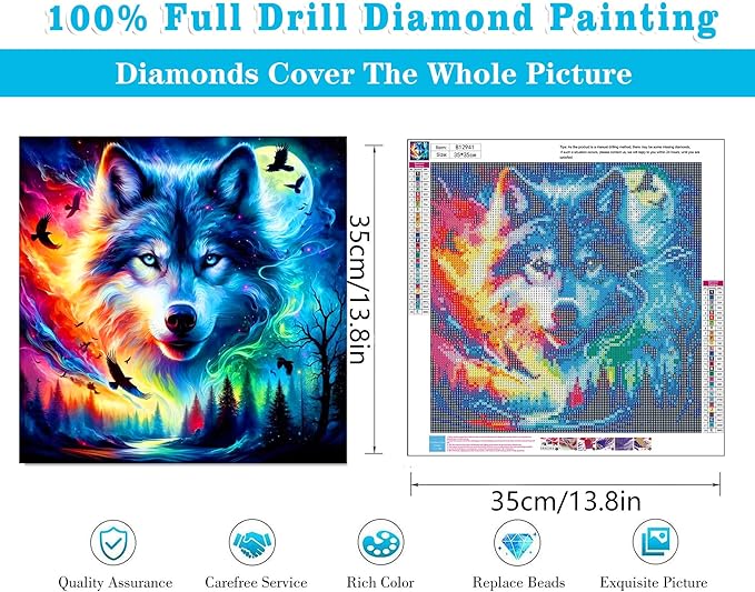 Meothan 5D Diamond Art Kits for Adults Wolf Diamond Painting Kits for Adults Beginners, DIY Paint with Diamond Gem Art Dots Painting Wolf Kits for Home Walls Decor and Holiday Gifts 13.8x13.8in
