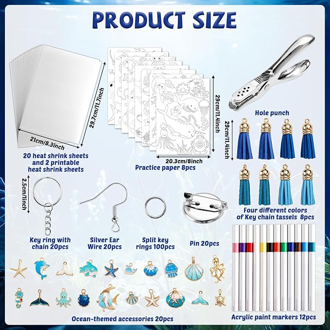 231Pcs Ocean Theme Heat Shrink Plastic Sheet Kit Includes Shrinking Film Art Paper, Hole Punch, Keychains, Ear Hooks, Jump Rings, Tassels, Valentines Day DIY Heat Shrink Art Kit Creative Craft Marking