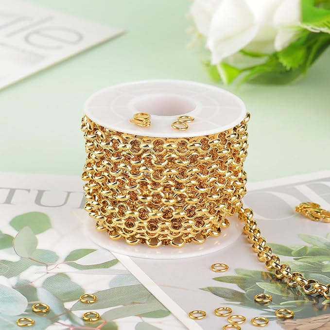 KYUNHOO 13 Feet/4M Gold Plated Chain for Jewelry Making 6mm Round Circle Chain Link on Spool Stainless Steel Chain Roll for Handcraft Making Supply Jewelry Findings