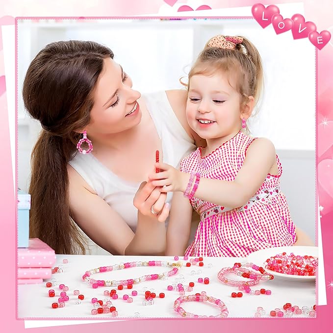 UPINS Valentine's Day Pony Beads, 1200Pcs Glitter Pink Red Round Plastic Craft Pony Beads for Jewelry Making Valentines Party DIY Decoration Necklace Bracelets Romantic Accessories (4 Colors)