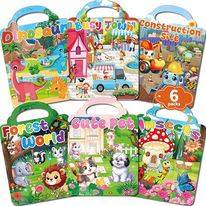kalysky 6 set reusable sticker books for toddlers 1-3 2-4, kids 3d puffy stickers (dinosaurs, forest, town, pets, construction, insects), sticker activity books