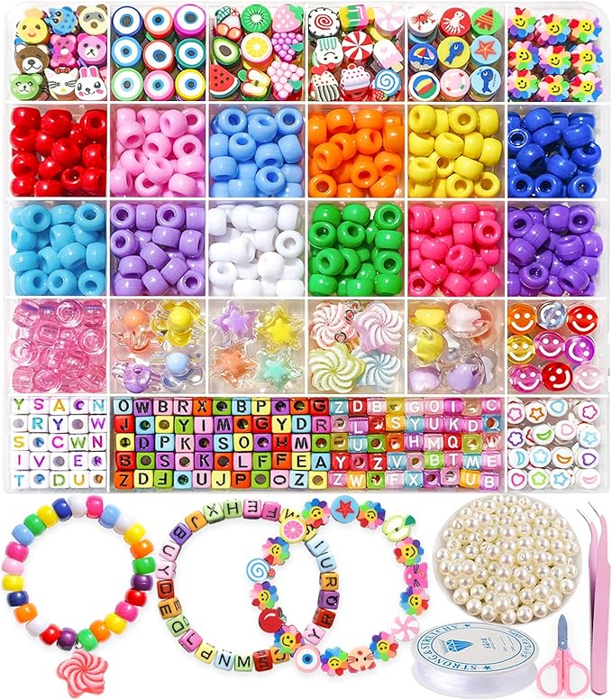 MontoSun Bead Bracelet Making Kit, Friendship Bracelets Making Beads Kit, Pony Beads Charms Beads Clay Flower Letter Beads for Jewelry Making Kit, DIY Arts and Crafts Gifts for Girls Age 6 7 8 9 10-12