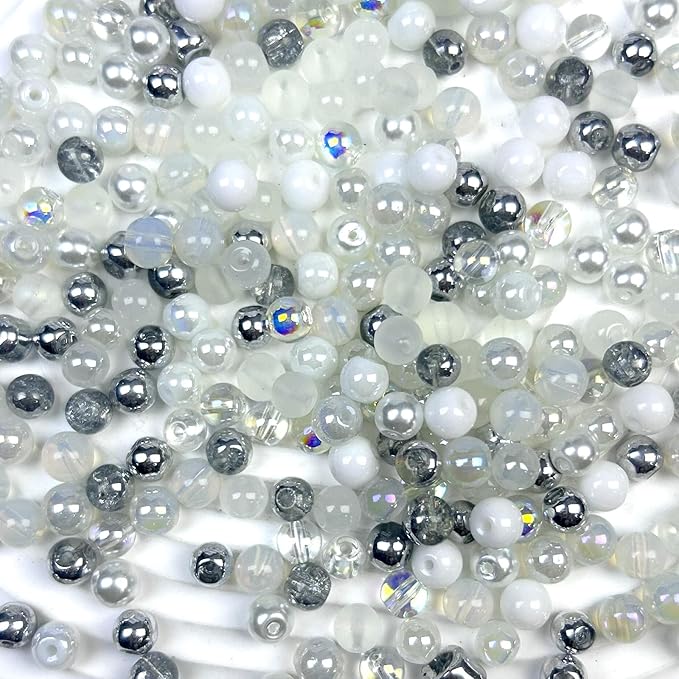 300pcs 6mm Glass Beads, Assorted Glass Beads for Jewelry Making, White Series Round Spacer Bead Kit for Bracelet Necklace DIY Craft