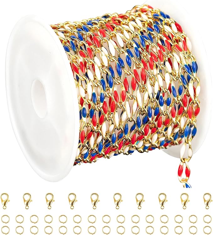 YOUBEIYEE Gold Plated Chain for Jewelry Making Amercian Flag Color Enamel Cable Chain for Women Necklace Bracelet DIY Jewelry Chains Bulk