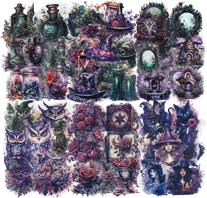 120Pcs Gothic Fantasy PET Stickers with Organizer – 60 Unique Designs Waterproof Vintage Stickers for Scrapbooking, Journals, and DIY Crafts