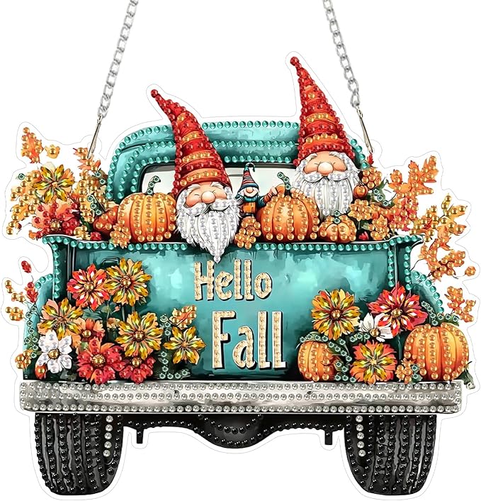 SENQAO Gnome Diamond Art Hanging Kits for Adults Beginners, DIY Acrylic 5D Special Shaped Crystal Diamond Gem Art Painting Hanging Ornament for Home Wall Decor and Gift（Hello Fall Pumpkin Flower）