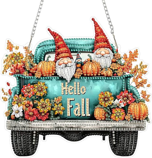 SENQAO Gnome Diamond Art Hanging Kits for Adults Beginners, DIY Acrylic 5D Special Shaped Crystal Diamond Gem Art Painting Hanging Ornament for Home Wall Decor and Gift（Hello Fall Pumpkin Flower）