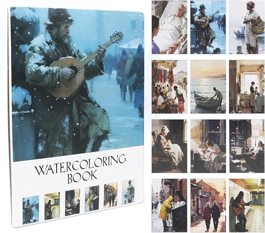 RGBMIX 9x12'' Watercolor Paper Pad Sketchbook 12 Sheets Cotton 140lb/300gsm Pre-Printed Line Art of Couple, Street Musician, Fisherman, Food Cooking Daily Life for Watercolor Acrylic Stress-Relief