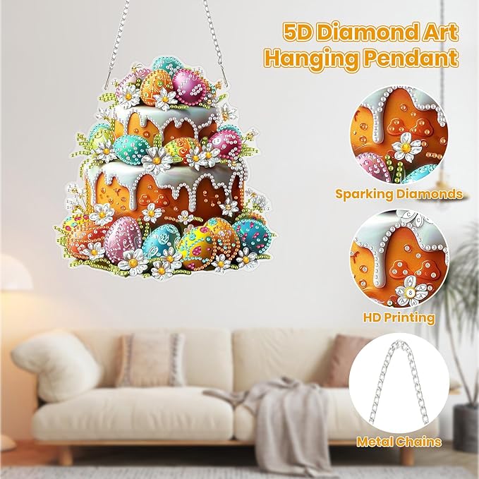 MOGTAA Easter Egg Diamond Art Hanging Kits for Adults Beginners, Flowers Diamond Art Suncatchers, 5D Special Shape Cake Diamond Painting Window Pendant Kit for Home Garden Wall Decor