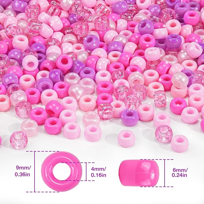1000PCS Pink Pony Beads Bulk – 6x9mm Gradient XOXO Glitter Kandi Beads for Bracelets, Hair Braids, Jewelry Making, DIY Gifts & Love-Themed Crafts