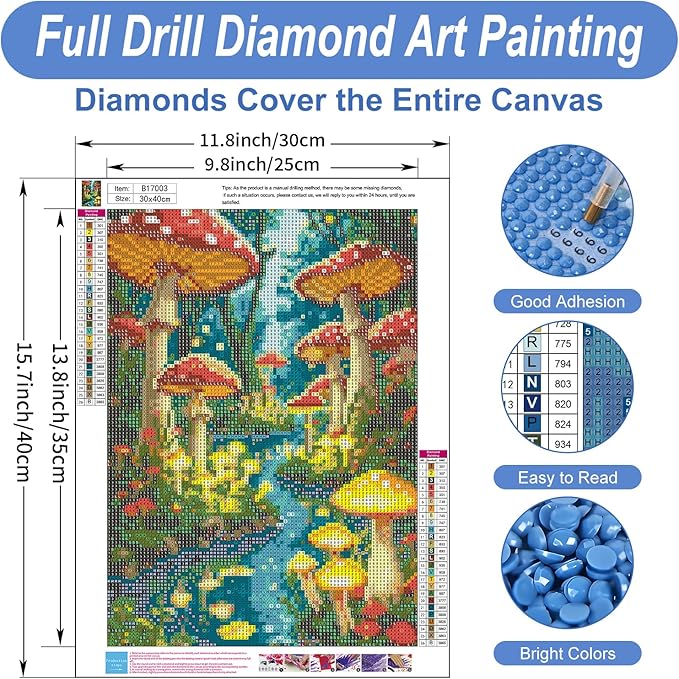 Camocin Diamond Art Kits for Adults Mushroom, 5D Stream Diamond Painting Kits for Adults Beginners, DIY Forest Full Round Dots Drill Gem Art Kit for Gift Home Wall Decor 12 x 16 Inch