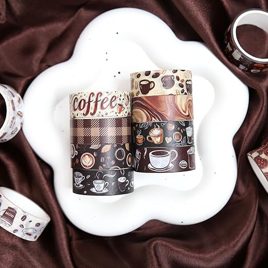 12 Rolls Washi Tape Set, Coffee Themed Decorative Tape Vintage Watercolor Brown Cafe Caffeine Masking Tape for Journaling Supplies,Junk Journal, Scrapbooking,Planner,DIY Arts & Crafts Supplies