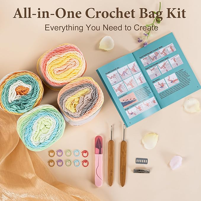 CrochEaze Crochet Kit for Beginners, Crochet Tote Bag Set with Step-by-Step Video Tutorials, Including Gradient Color Yarn, Crochet Hook, Heart-Shaped Bag Strap (Pouch-Green)