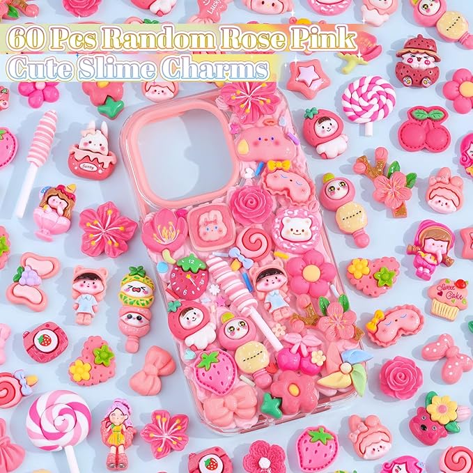 60PCS Rose Pink Slime Charms Cute Flatback Resin Charms for Slime, Random Kawaii Decoden Charm for Embellishments Phone Junk Case Charms Bulk, Hairpins Scrapbooking Crafting & DIY Decor