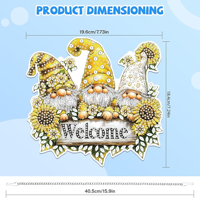 Bowetile Hanging Diamond Art Gnomes Kits for Adults, 5D Special Shape Diamond Painting Welcome Sign Gnomes Kits, Diamond Gem Art Suncatchers Painting Ornament for Home Garden Wall Decor